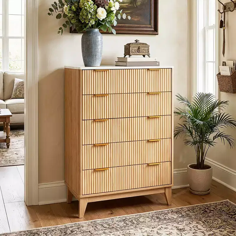 Modern Fluted 5 Drawer Dresser for Bedroom, Vertical Storage Tower with Gold Handles, Narrow Chest of Drawers for Small Space