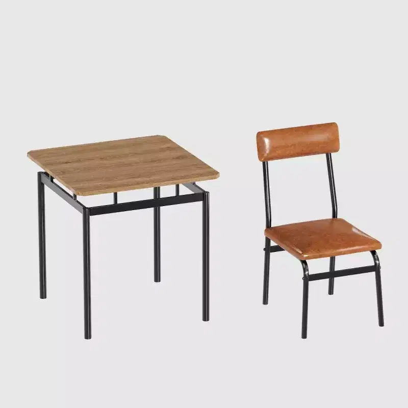 3-Piece Brown Industrial Dining Table Set for 2 with PU Upholstered Chairs, Space-Saving Metal Frame Kitchen Dinette for Small Spaces