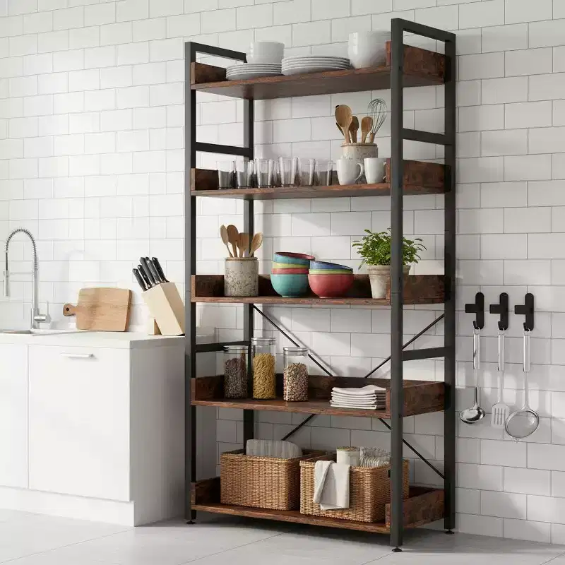 1/2PC 5-Tier Storage Rack with Hooks, Open Shelves, Rustic Wood Grain Design, Adjustable Feet, Brown+Black