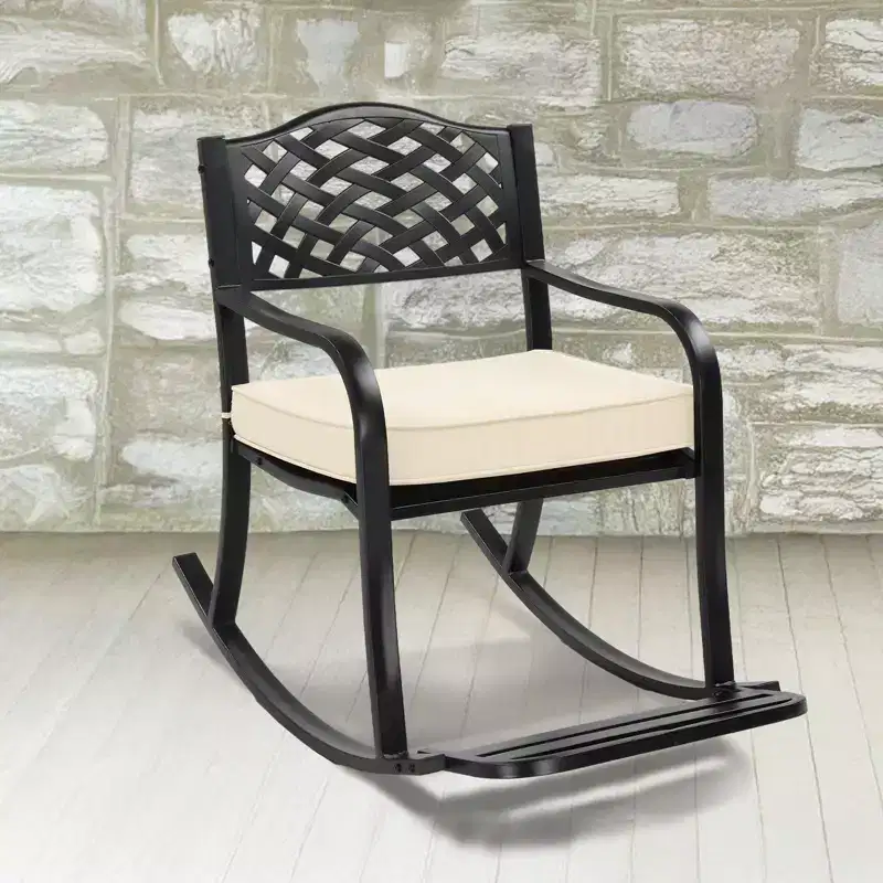 Karl Home | Black Iron Rocking Chair with Mesh Backrest and Off-White Cushion