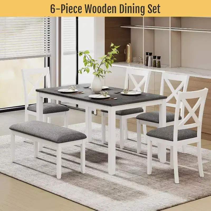 Zevemomo 6-Piece Solid Wood Dining Table Set, Including 1 Dining Table, 4 Upholstered Chairs and 1 Bench, for Dining Room, Kitchen, , White Diamond