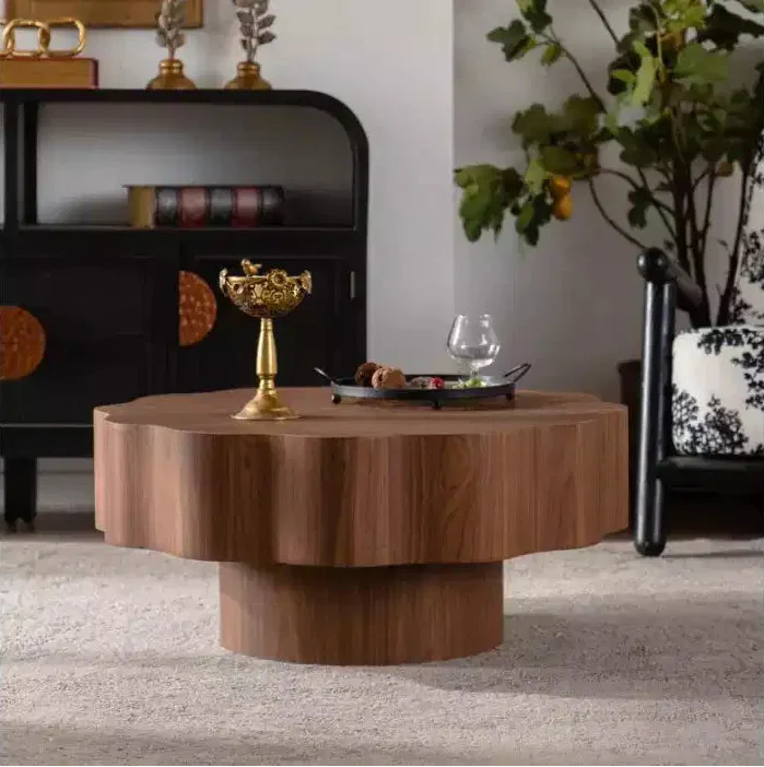 Coffee Table 31.5, Scalloped Edge, Walnut Engineered Wood Grain Sticker Center Table, Modern Irregular Round Coffee Table for Living Room/Bedroom