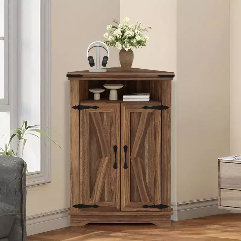 COZONY Rustic Corner Cabinet with Sliding Barn Door, Adjustable Shelf Storage Unit for Bathroom Kitchen Living Room Entryway