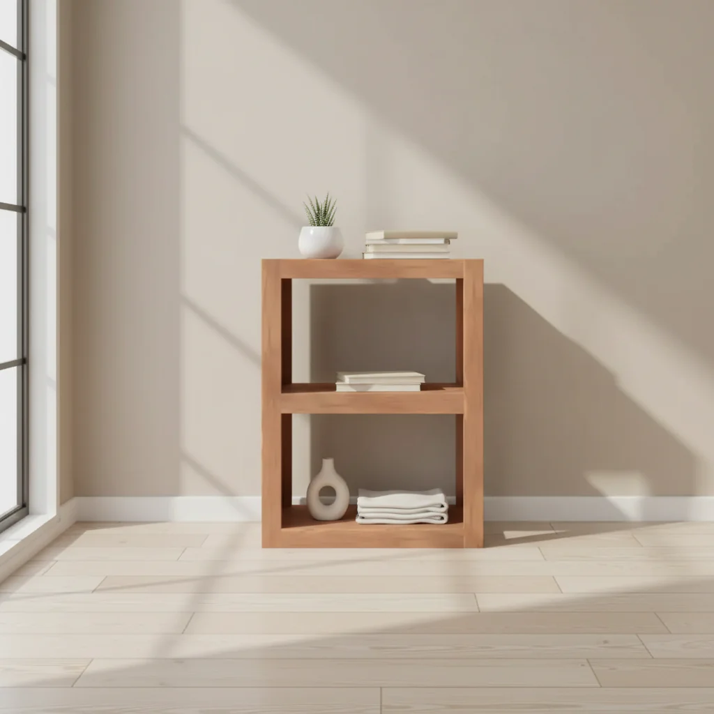 Solid Teak Wood Side Table with Open Storage Compartments