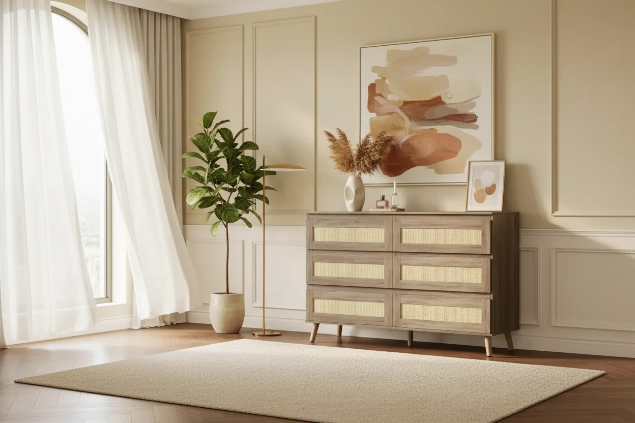 8-Drawer Rattan Dresser, Modern Wide Chest with Style, Double Dresser TV Stand Storage Organizer for Bedroom, Living Room, Entryway