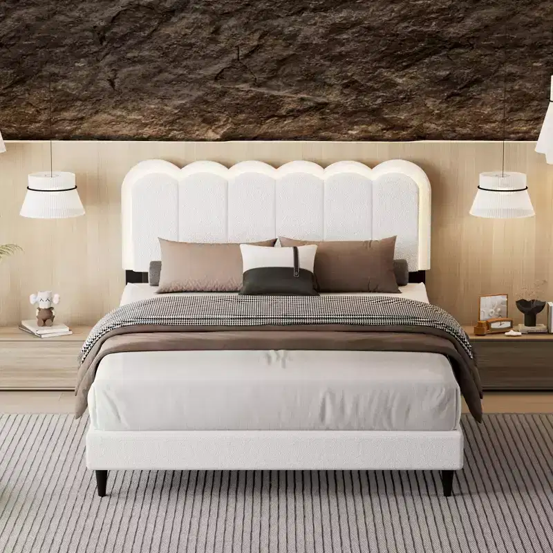 Cream White Petal Headboard Bed Frame with Ambient Light, Full/Queen Size Soft Boucle Upholstered Platform Bed - ModernLuxe