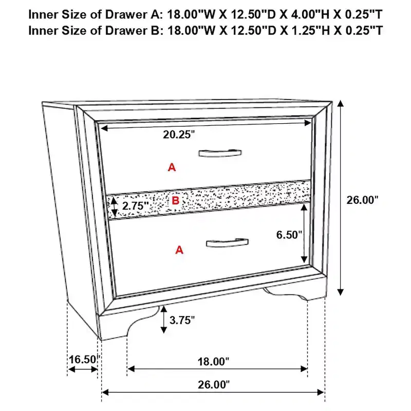Black / White 2-Drawer Nightstand with Rhinestone Pulls, for 1