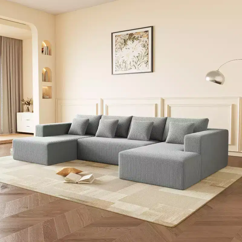 Extra Large Corduroy Sectional, Spacious U-Shape Design with 8 Throw Pillows, Dark Gray