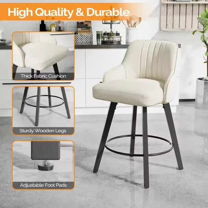 Thick Padded Cushion Wood Legs Modern Bar Stool With 360 Rotation