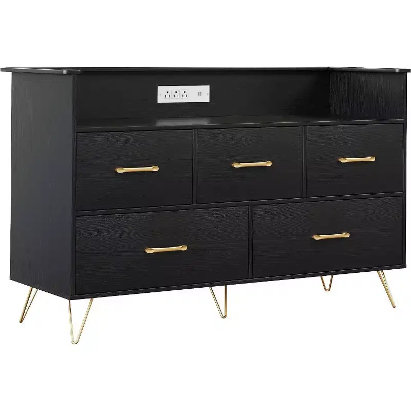 47 Inch Wide Dresser for Bedroom with 5 Spacious Drawers and LED Lights, Chest of Drawers with Built-in Charging Station, Freestanding Cabinet