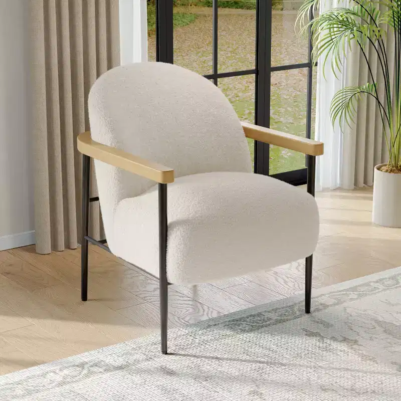 Modern Accent Chair with Teddy Fabric, Wood Arms and Adjustable Feet, Comfy Chair for Living Room, White