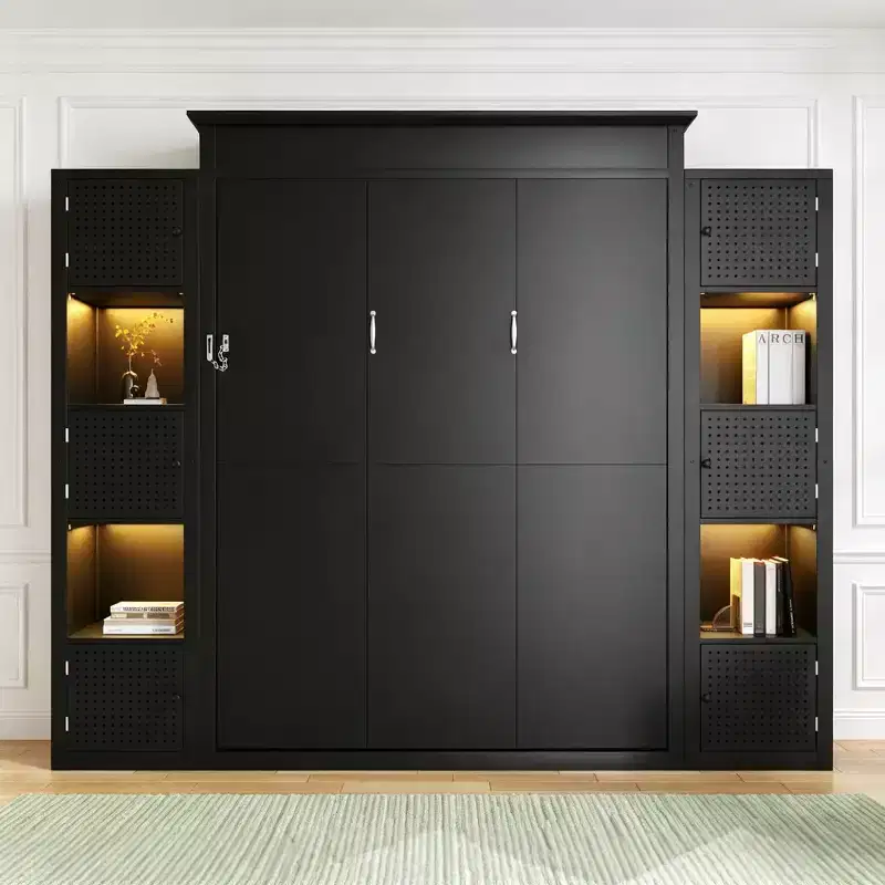 Luxystar Modern Queen Murphy Bed with 10 Storage Shelves and Upholstered Headboard, Black