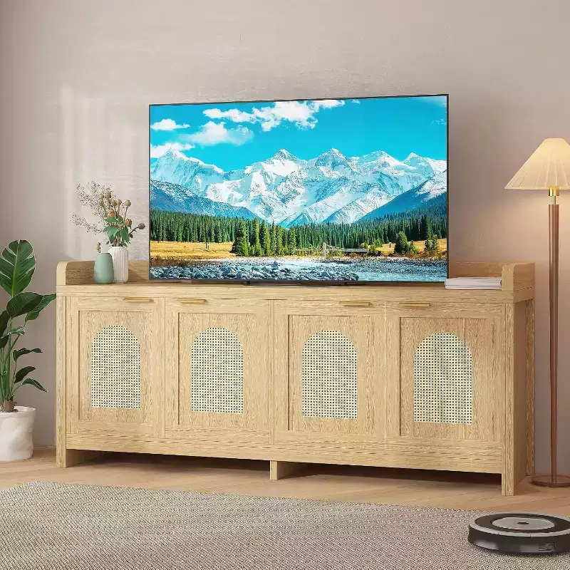 Wooden TV Stand for 65 TV, Entertainment Center with Glass Door Storage Cabinets, Modern TV Console for Living Room or Media Room