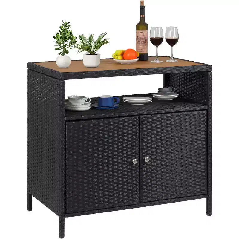 Outdoor Wicker Storage Cabinet with Shelf, 2-Door Patio Bar Table,All-Weather PE Rattan & Powder-Coated Steel,Garden/Pool Storage Organizer for Patio