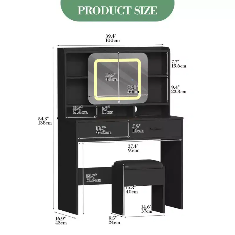 COZONY Vanity Sliding Desk with Mirror & Lights - Makeup Table with Stool, Charging Station, Drawers & Shelves for Bedroom