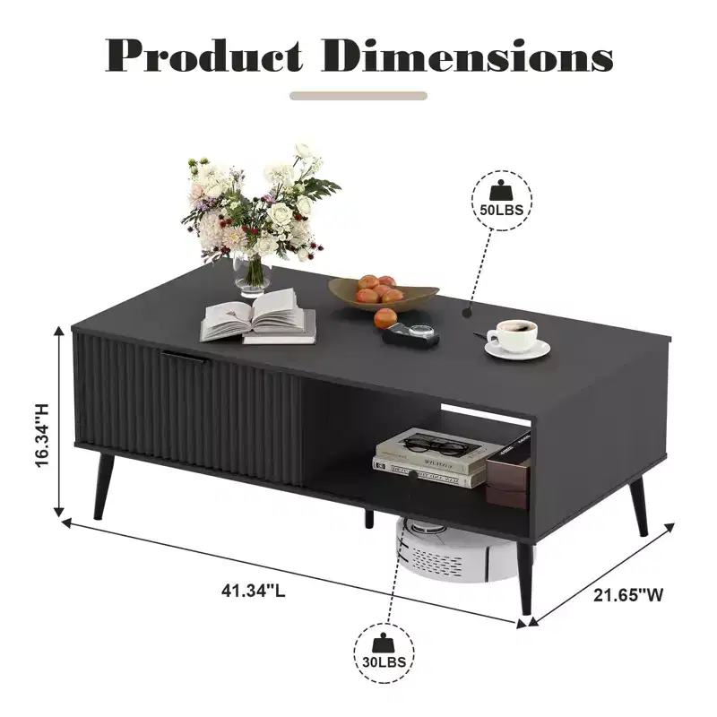 Coffee Table with Storage, Mid Century Modern 2-Tier Wooden Cocktail Table with Wave Sliding Doors