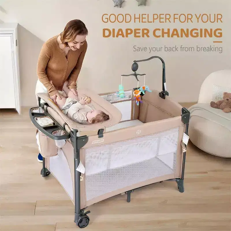 3-in-1 Baby Bassinet Crib Bedside Sleeper – Beige with Hanging Bag & Changing Table