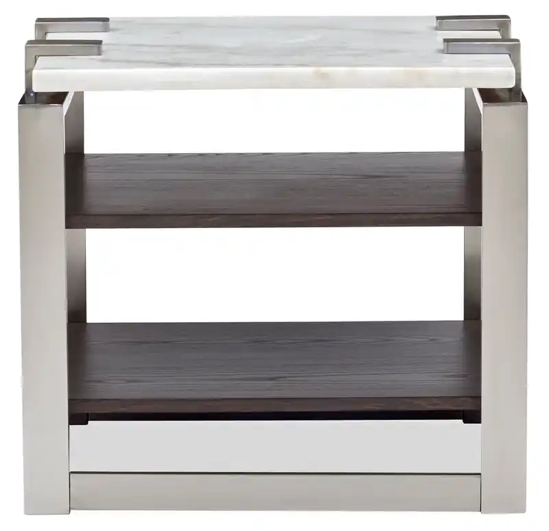 22 Modern End Table with Shelf - White Marble Top with Brushed Platinum Frame