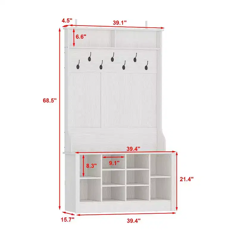 Famapy Wood 3-in-1 Hall Tree Bench with Double Hooks and Shelves