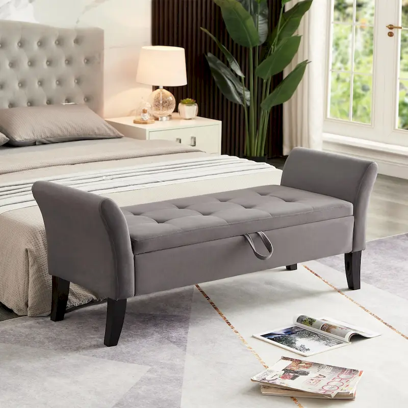 Grey / Orange / Beige Velvet Storage Bed Bench for 1–2 Person