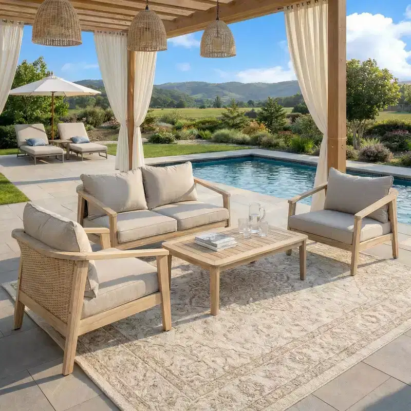 Christopher Knight Home Ferna Modern 4 Piece Patio Acacia Wood Seating Set with Wicker Design and Slatted Table