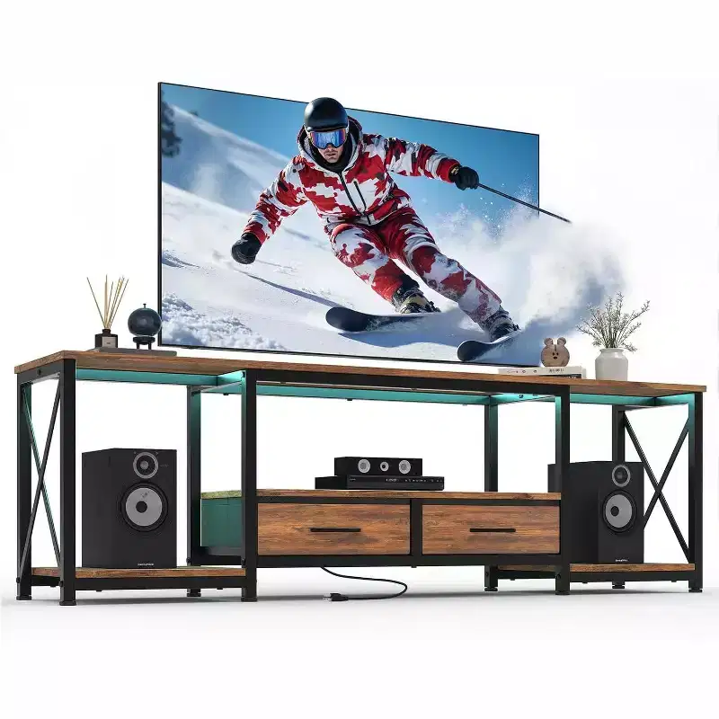 Wood & Fabric TV Console Table with Open Shelves and Drawers