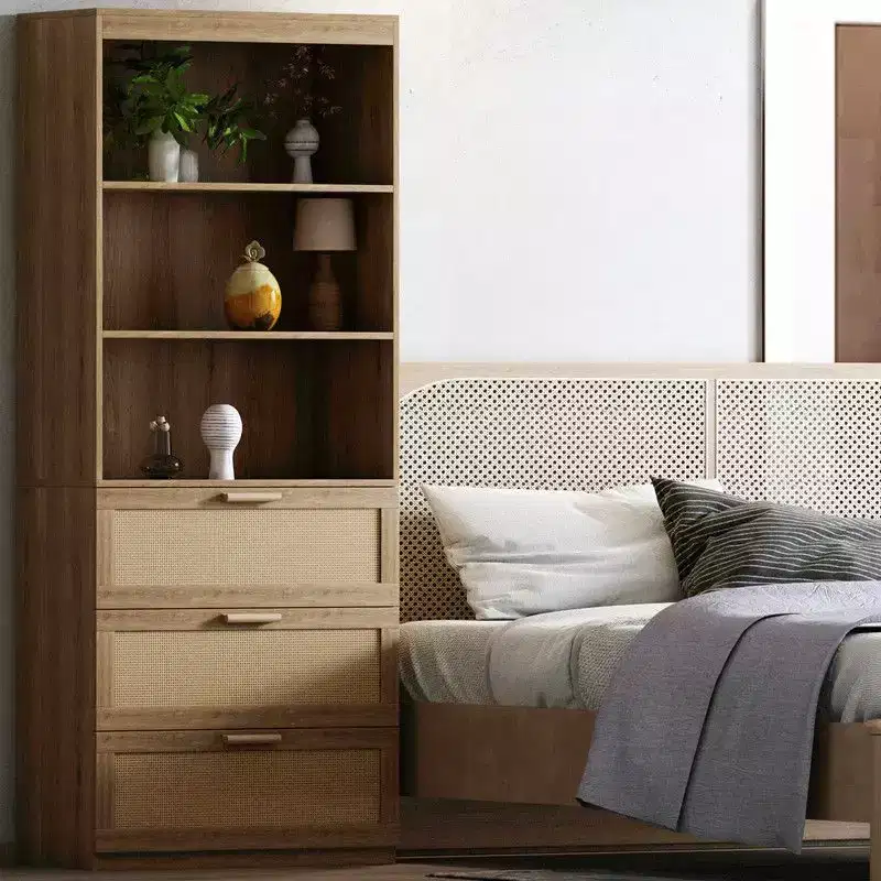 Karl Home Tall Storage Cabinet, Rattan Bookcase with 3 Drawers