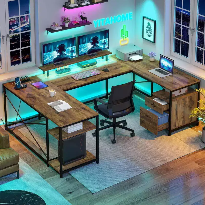 U Shaped Desk With Drawers Corner Computer Desk Office Desk With Monitor Stand & Storage Shelves Brown