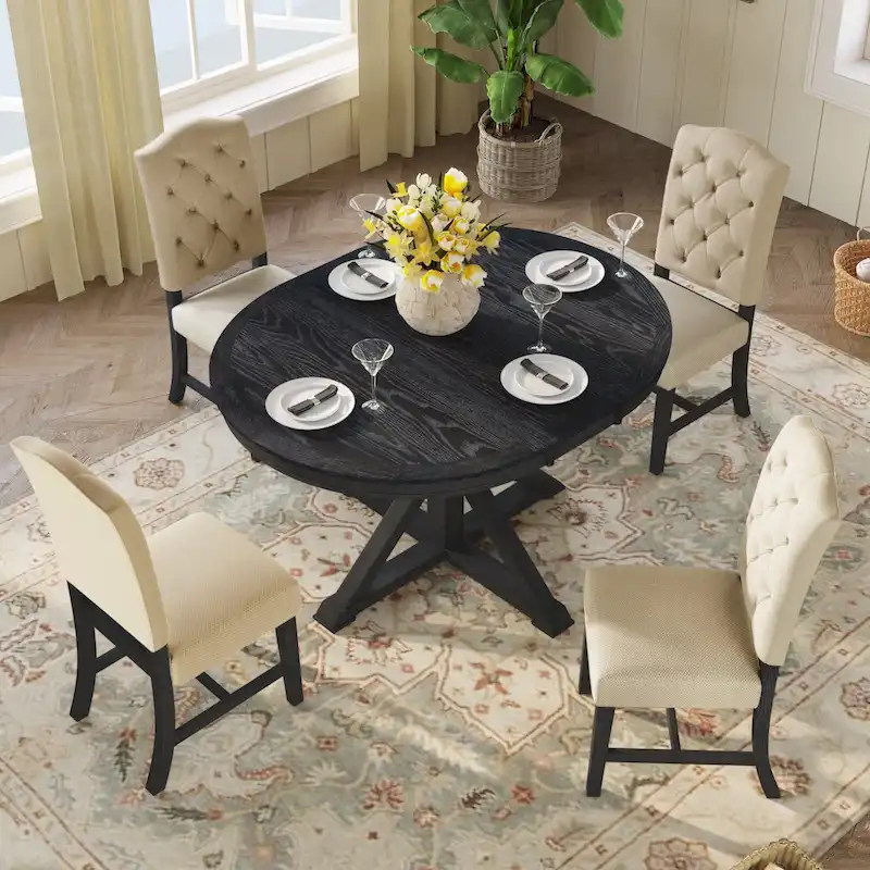Functional Dining Table Set with Extendable Table and 4 Upholstered Chairs