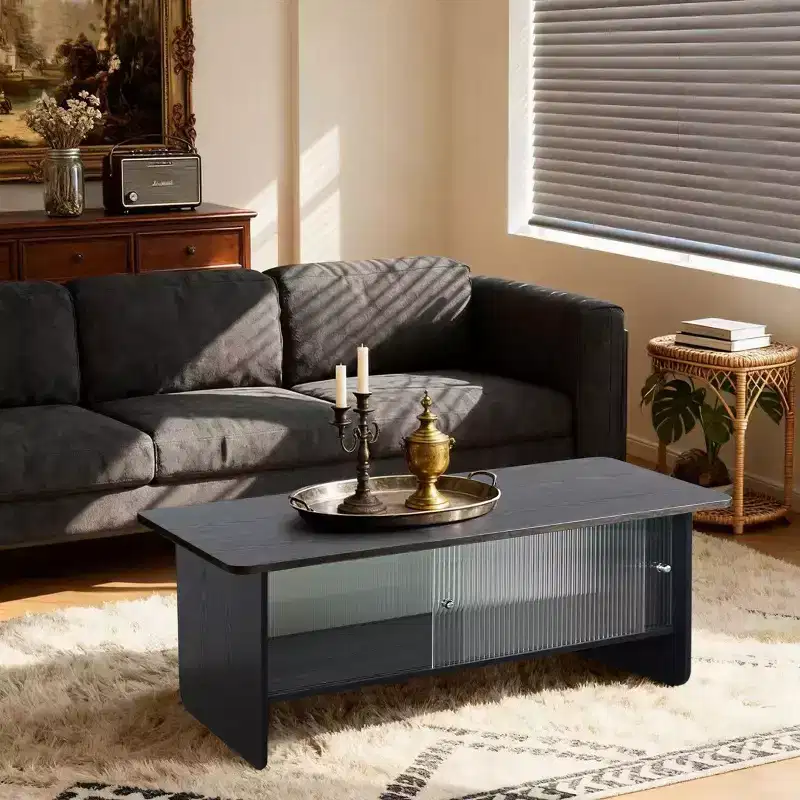 Modern Rectangular Coffee Table with Fluted Glass Sliding Door and Storage