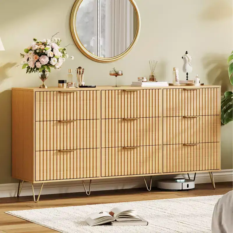 Fluted Dresser for Bedroom with 9 Drawers,Modern Chest of Drawers with Metal Handle,Wooden Dresser TV Stand, Storage Organizer for Living Room