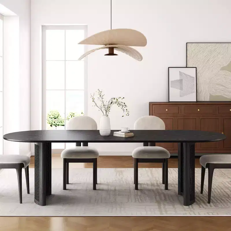 79 Oval Dining Table for 6-8 with Arc-Shaped Edge Top and Rattan Woven Base, Modern Farmhouse Kitchen Table for Living Room Dining Room, Black