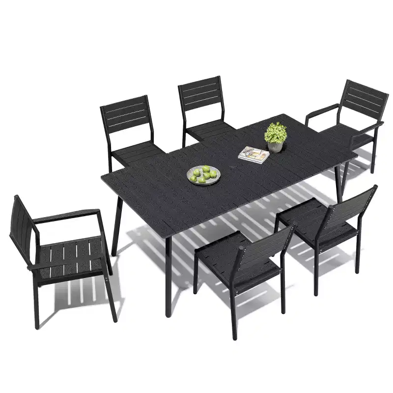 Crestlive Products 7pc Aluminum Patio Dinning Set 72in Table and 6 Chairs Plastic Wood Top with Umbrella Hole for Outdoor Pool Lawn