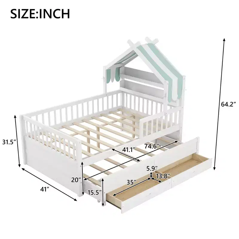 GDFStudio Sanders Wooden House Bed with trundle and Fabric