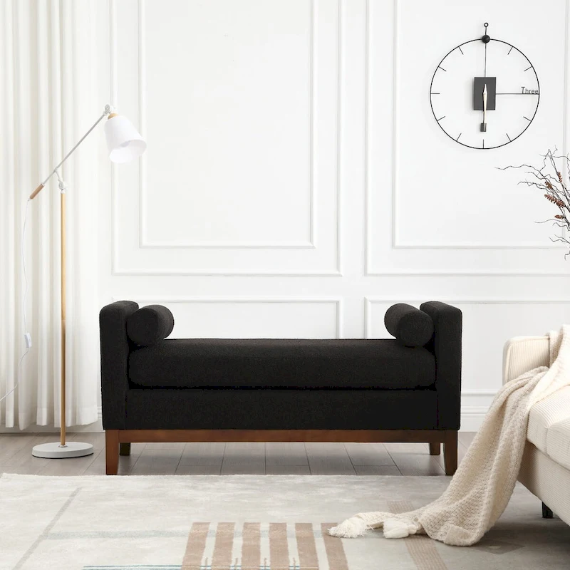 53.5W Elegant Boucle Upholstered Bench, Ottoman with Wood Legs & Bolster Pillows
