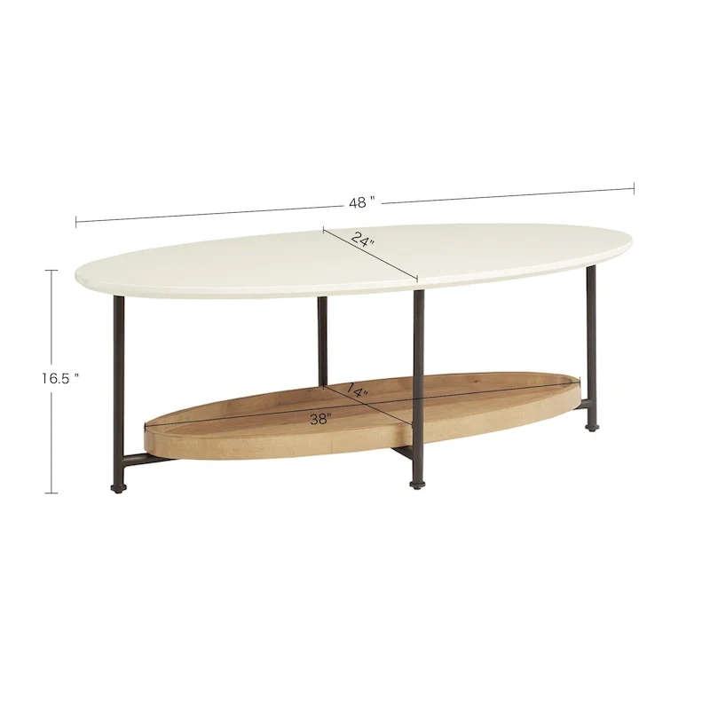 Oval Coffee Table with White Top and Natural Shelf