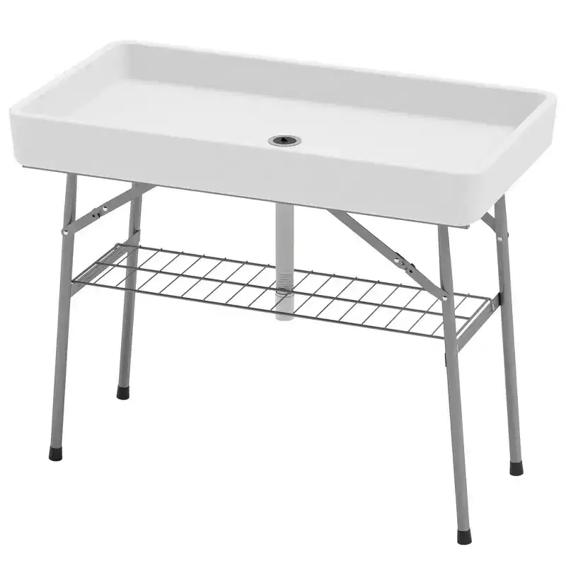 3.4ft Folding Ice Cooler Table with Drain, Fill and Chill Table Outdoor Table Cooler with Storage Shelf, Drink Cooler for Parties Picnic BBQ