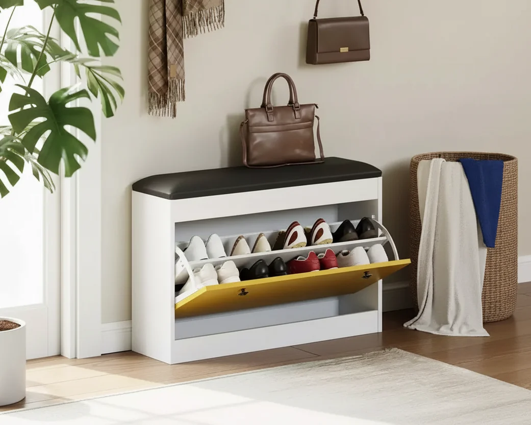 Modern Entryway Shoe Cabinet, Shoe Storage Bench, Flip Drawer and Seat Cushion, , Bedroom, Living Room,White + Yellow