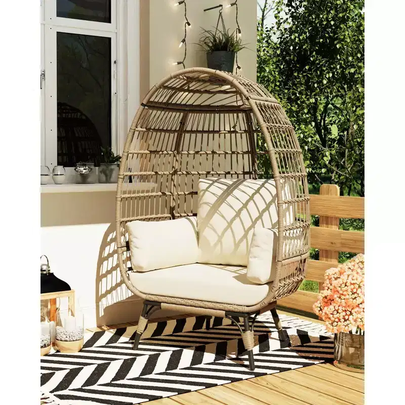Oversize Wicker Egg Chair Outdoor with Steel Frame, Egg Basket Lounge Chair with 4 Cushions, Egg-Shaped Chair for Patio, Porch, Backyard