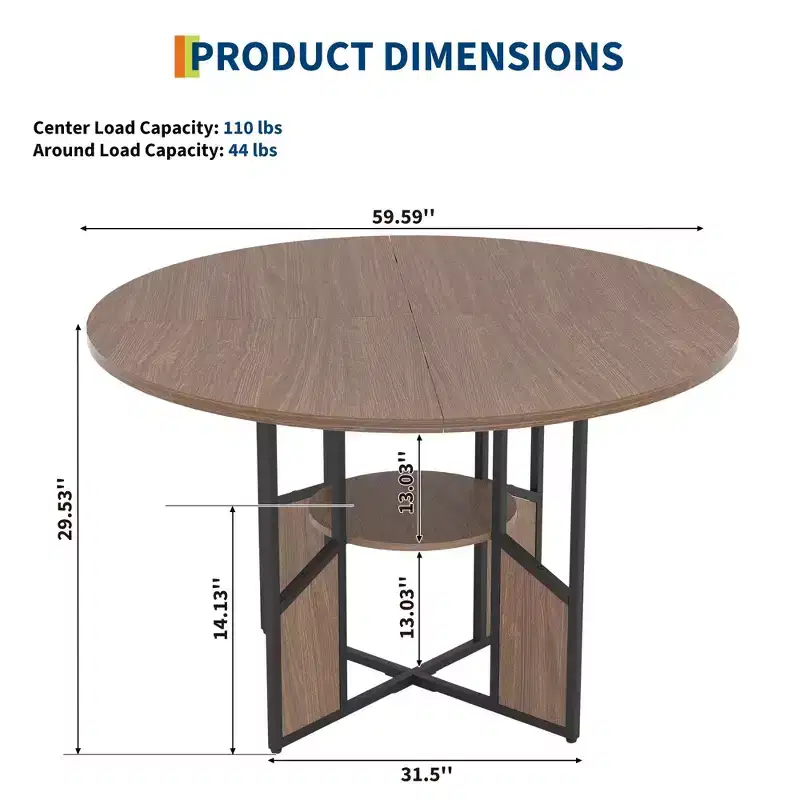 59 Inch Round Dining Table for 4-6, Circle Kitchen Dining Table With 2-Layer Storage Shelf and Cross Base, Large Round Table With Wood and Iron Frame