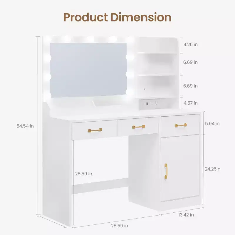 Makeup Vanity Table with Mirror, LED Bulbs & Power Outlet, 3 Drawers, White