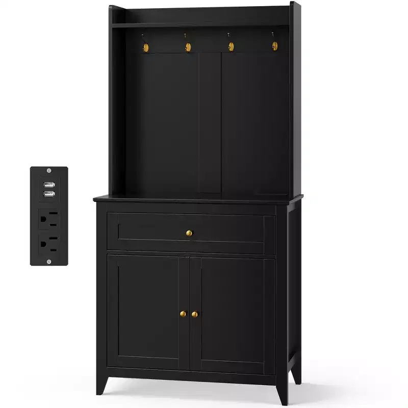 COZONY 63 Kitchen Pantry Cabinet with Hooks, Drawer & Adjustable Shelves Coffee Bar Storage Cabinet for Dining Room Living Room