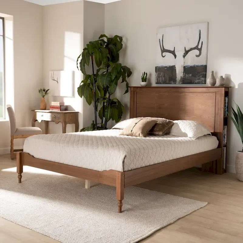 Ash Walnut Brown Transitional Platform Storage Bed with Headboard Shelves – Full/Queen/King