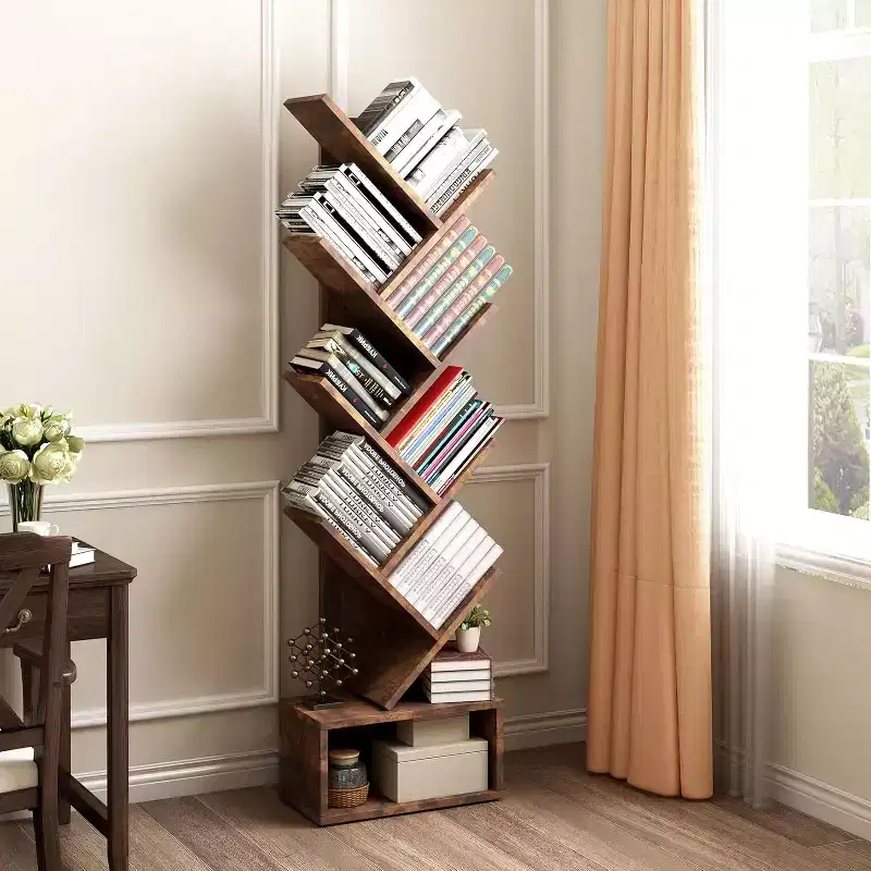 8-Tier Wooden Tree Bookshelf with Storage, Floor Standing Bookcase for Kids and Adults, Utility Organizer for Living Room, Bedroom, Office, Brown
