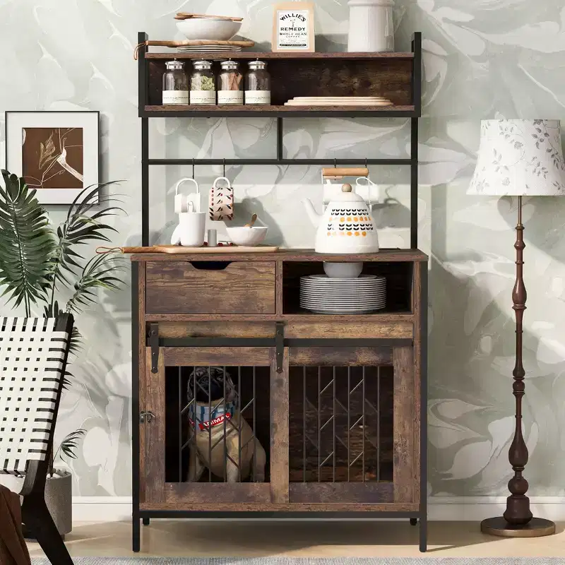 2-in-1 Kitchen Storage Cabinet Hutch with Dog Crate, Rustic Brown