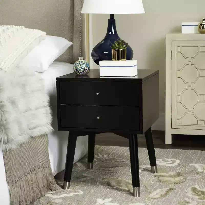 Retro Mid-Century 2-Drawer Nightstand, Navy with Gold Metallic Accents and Splayed Legs