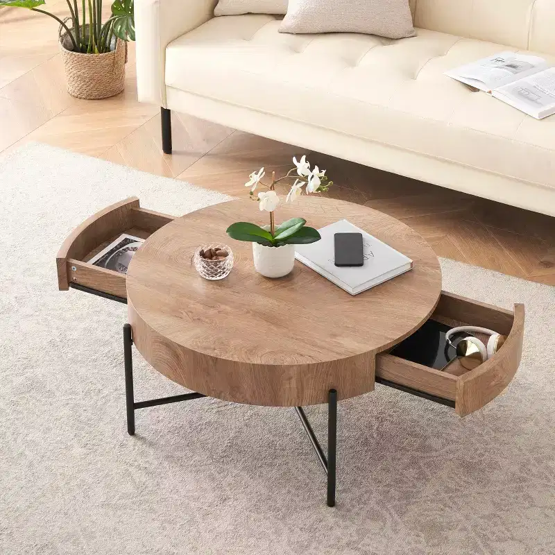 Coffee Table Vintage Round with Drawer, 31.9 Inch Wooden Storage Center Table with Retro Farmhouse Design for Living Room