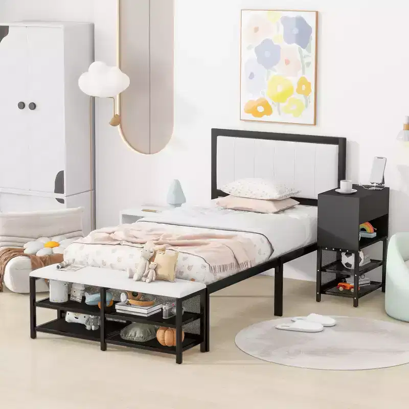 Metal Platform Bed with Two-Tier Storage Shelves and Wooden Storage Cabinet