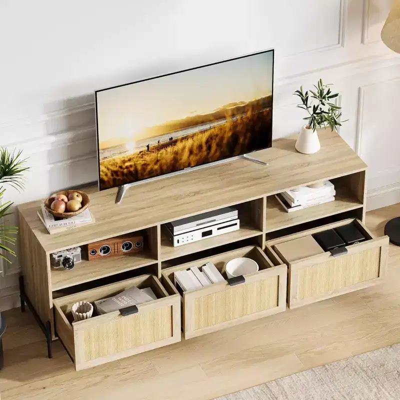Rattan TV Stand for up to 75 Inch TVs, Mid Century Modern Entertainment Center with Open Shelf & 3 Drawers for Living Room
