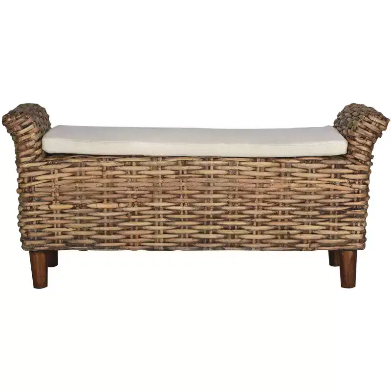 Upholstered Bench with Mango Wood and Rattan Frame, White and Brown